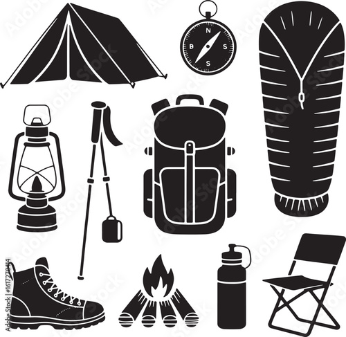 Camping gear collection with tent backpack sleeping bag and lantern vector