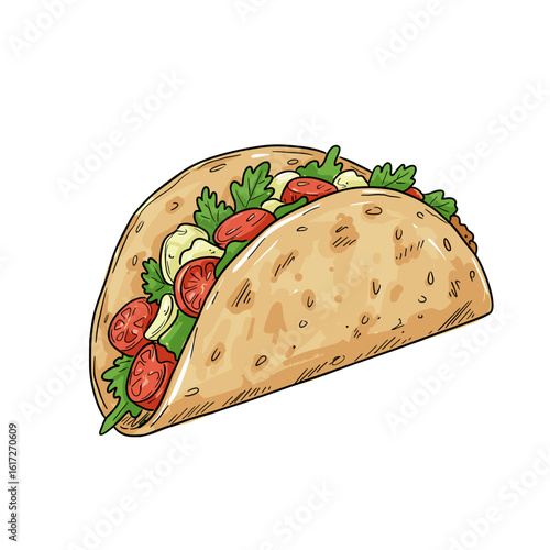 Vegan cauliflower taco filled with tomatoes and greens on white background  