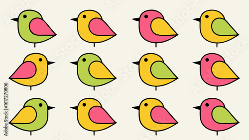 A vibrant collection of diverse avian creatures rendered in a spectrum of bright cheerful hues artfully arranged against a clean unblemished white backdrop