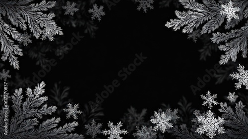 White fern fronds and snowflakes frame a black background in wintery illustration