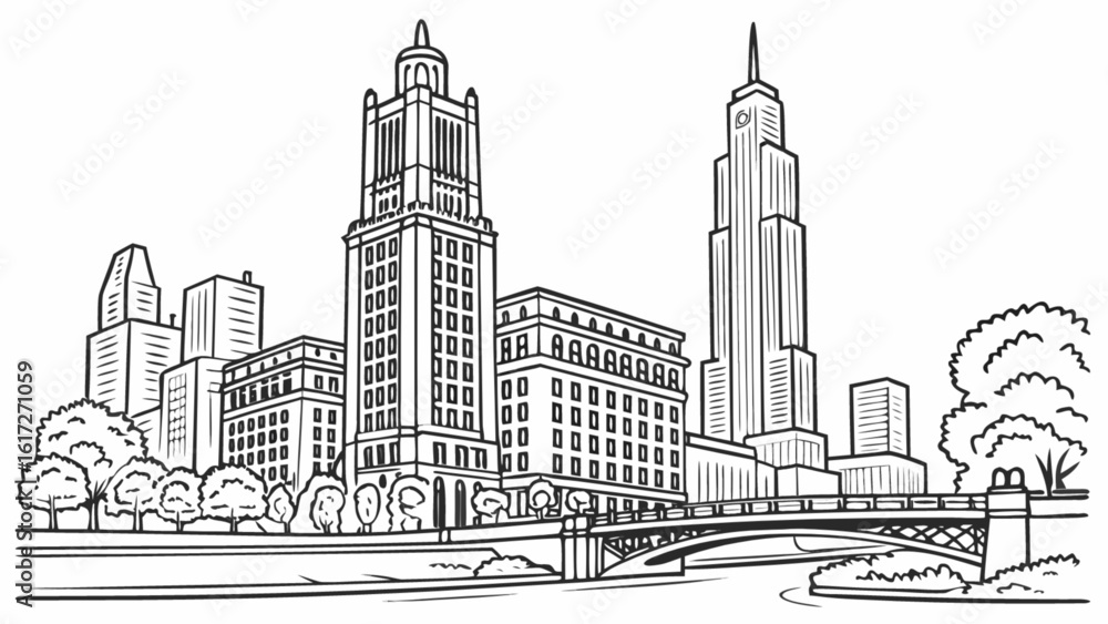 Obraz premium A detailed black and white sketch of a city skyline featuring various architectural buildings, a river, and a bridge