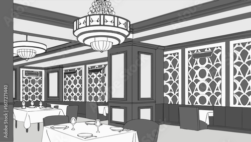 Elegant restaurant interior design featuring chandeliers, dining tables, and chairs in a grayscale sketch