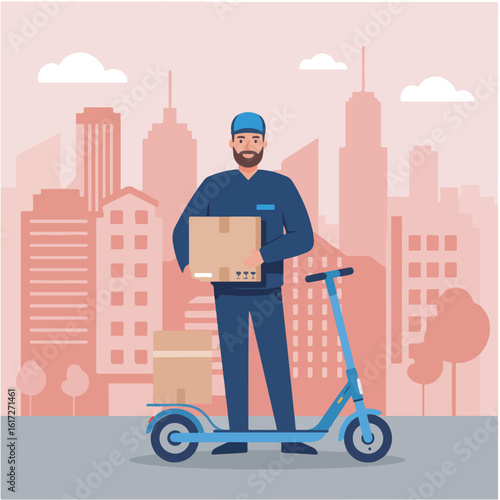 Urban logistics and modern delivery service with a courier holding a package next to his electric scooter in the city.