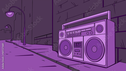 A vintage boombox sits on a city street, casting a retro vibe with its classic design and urban setting