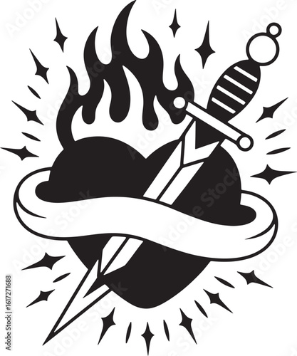 Flaming heart pierced by dagger with banner and stars flame
