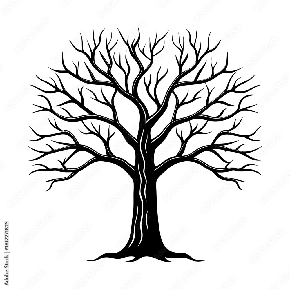 Obraz premium Minimalist Bare Tree Silhouette Vector Winter Season, Nature Art, Tattoo & Wall Decor Design