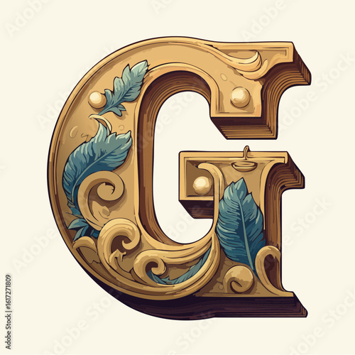 A detail letter G alphabet classic style, linocut and engraving illustration style