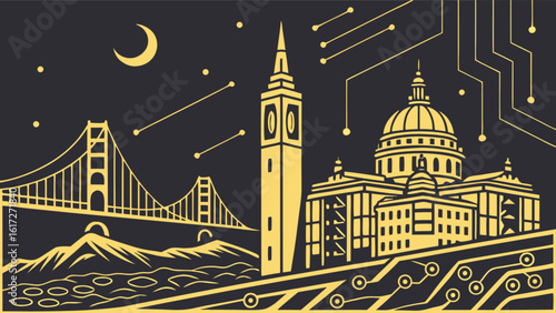 A digital cityscape of san francisco featuring the golden gate bridge, city hall, and a circuit board design under a crescent moon