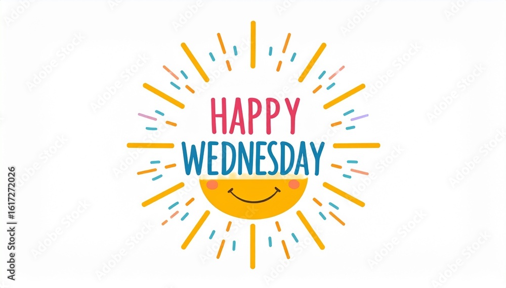 Fototapeta premium Colorful Happy Wednesday Typography with Smiling Sun Illustration