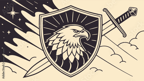 A shield and sword with an eagle crest are isolated on a white background, symbolizing protection, power, and victory in a medieval fantasy setting