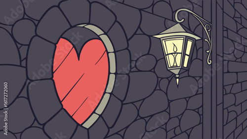 A heartshaped window in a stone wall is illuminated by a vintage lantern, creating a romantic and medieval atmosphere