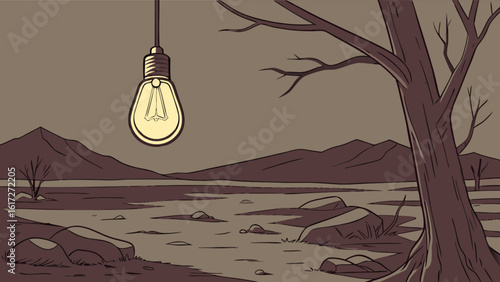 A vintage light bulb hangs from a tree branch in a desolate desert landscape with mountains in the background, creating a scene of isolation and contemplation