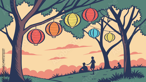 A serene park scene with colorful lanterns hanging from trees, creating a festive and romantic atmosphere as people enjoy the evening landscape