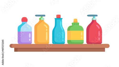 A colorful collection of bottles on a shelf, representing various liquid products such as soap, shampoo, and lotion for personal care and hygiene
