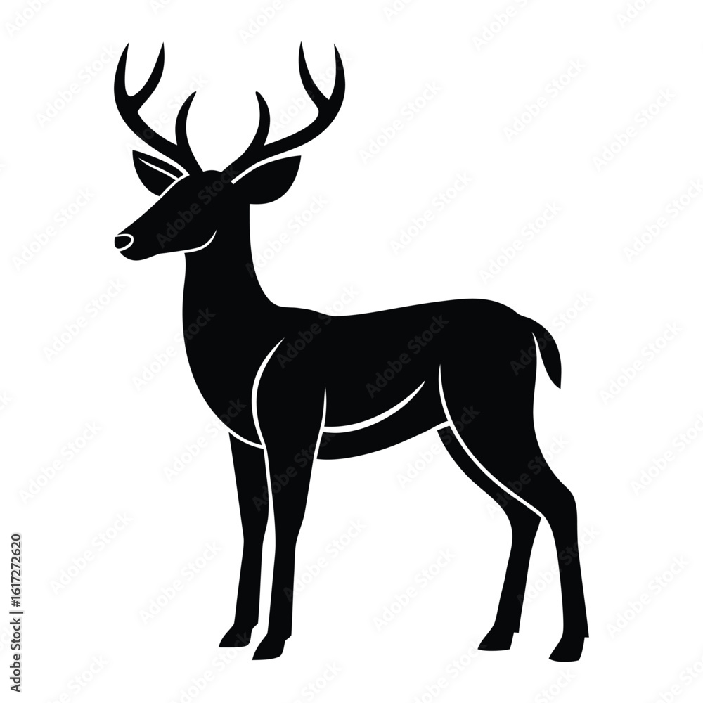 Obraz premium Black silhouette of a majestic stag with large antlers standing on a white background deer
