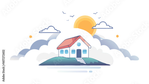 A charming house sits atop a small hill surrounded by clouds and a bright sun, isolated on white background, representing a peaceful and idyllic home