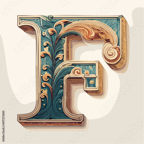A detail letter F alphabet classic style, linocut and engraving illustration style
