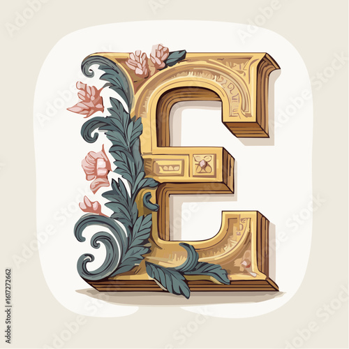 A detail letter E alphabet classic style, linocut and engraving illustration style
