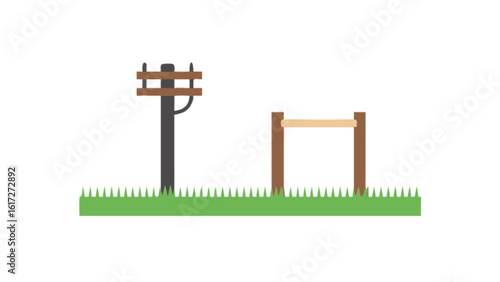 A power pole and pullup bar stand sidebyside in a grassy field, a simple and clean illustration isolated on white background