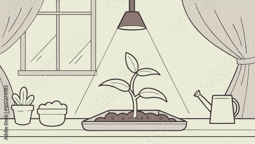 A houseplant is growing indoors under a lamp near a window