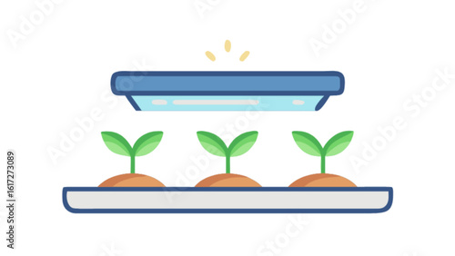 Three seedlings are growing in a tray under a grow light, isolated on white background
