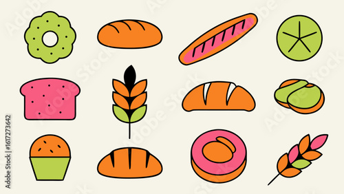 Collection of artisan baked goods featuring hand sketched rye and wheat breads pastries and delicious baked treats for culinary artistry