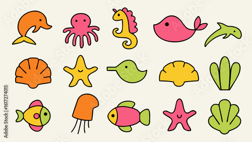 Collection of hand drawn aquatic creatures and ocean wildlife featuring marine life sea animals and underwater biodiversity