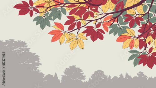 A beautiful autumn landscape with colorful leaves on branches, creating a serene and picturesque scene of the fall season in a forest