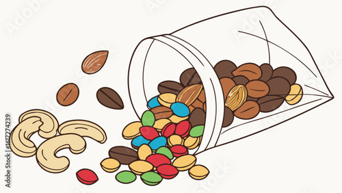 A bag of mixed nuts and chocolate candies spilling open, isolated on white background, a sweet and savory snack
