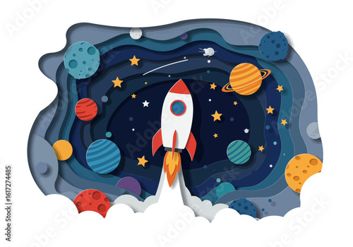 Night sky with planets. Paper art style of rocket flying in space, start up concept, flat-style. Paper cut design. vector illustration.