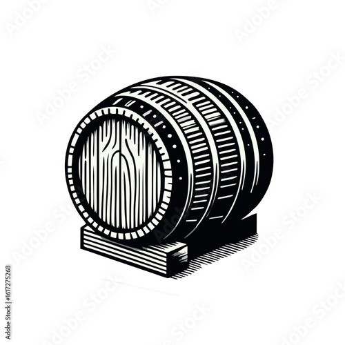 A detailed black and white illustration of a wooden barrel, showcasing its staves, hoops, and bung hole, resting on a surface with hatching.