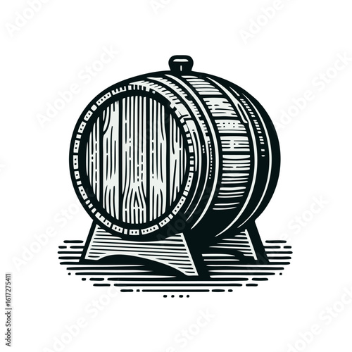 A detailed black and white illustration of a wooden barrel, showcasing its staves, hoops, and bung hole, resting on a surface with hatching.