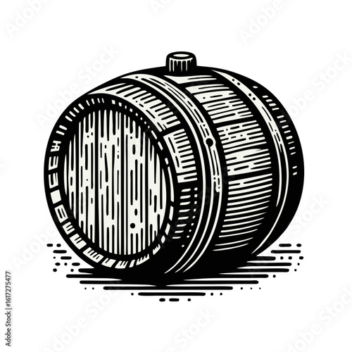 A detailed black and white illustration of a wooden barrel, showcasing its staves, hoops, and bung hole, resting on a surface with hatching.