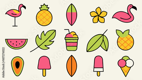 Vibrant collection of tropical summer vacation themed graphic elements and decorative icons perfect for beach getaways and sunny holiday designs
