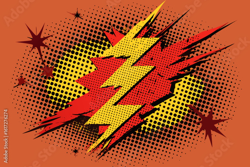 Dynamic comic book explosion featuring vibrant red and yellow lightning bolts amidst a halftone dot pattern and starbursts, perfect for energetic action scenes and retro designs.