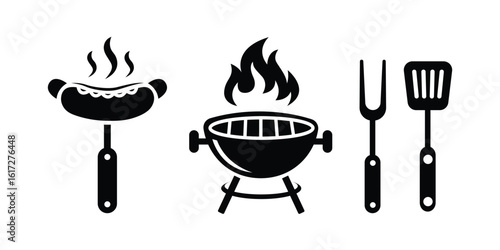 Vector BBQ Grill with Sausage, Spatula, and Fork for Outdoor Cooking and Summer Gatherings Illustration

