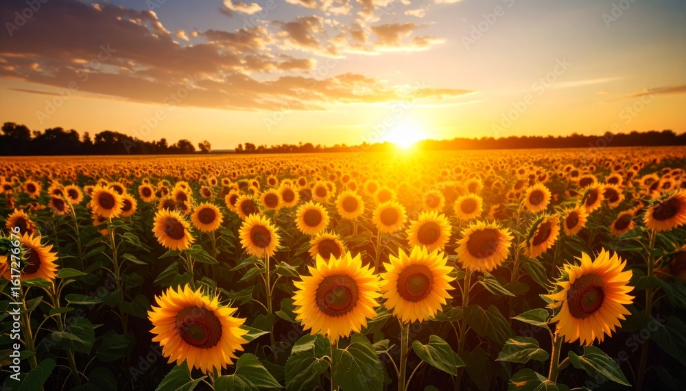 Fototapeta premium Endless Sunflower Field Illuminated by a Radiant Golden Sunset