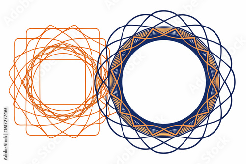 Intricate geometric patterns in vibrant orange and deep blue create a modern, abstract design perfect for branding or digital art, showcasing complex symmetry and creative flair