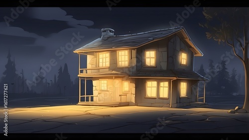 Crooked three-story house illuminated at night in a rural setting with soft glowing windows