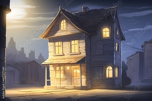 Crooked Three-Story House Illuminated at Night with Soft Moonlight and Shadows