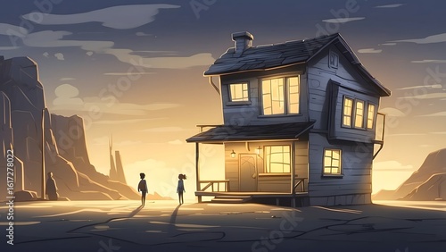 Silhouettes of Two Figures Walking Toward a Crooked Three Story House at Dusk