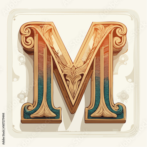 A detail letter M alphabet classic style, linocut and engraving illustration style