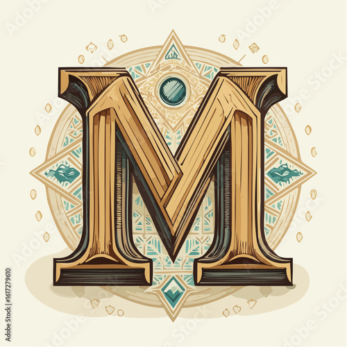 A detail letter M alphabet classic style, linocut and engraving illustration style