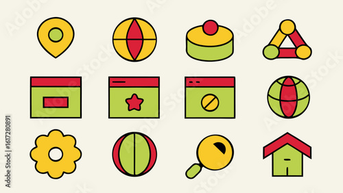 Vibrant collection of modern digital interface elements and symbols showcasing bright eye catching colors for online platforms and applications