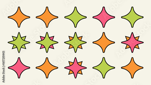 Collection of abstract star shapes and sparkling elements perfect for adding a touch of magic and brilliance to your creative projects featuring a vibrant color palette