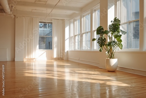 Bright Studio Interior with Hardwood Floors  Large Windows  and Potted Plant