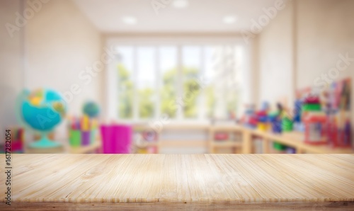 Wooden table background classroom blurred interior