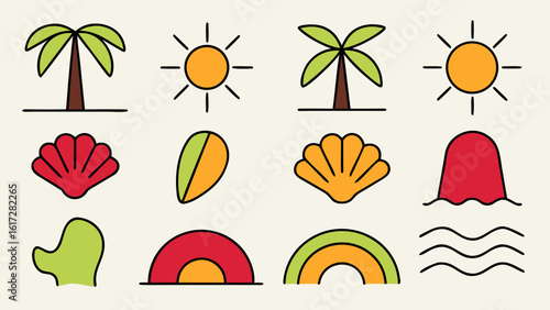 Modern summer beach concept poster or card collection featuring coastal elements and vibrant colors for seasonal promotions and greetings