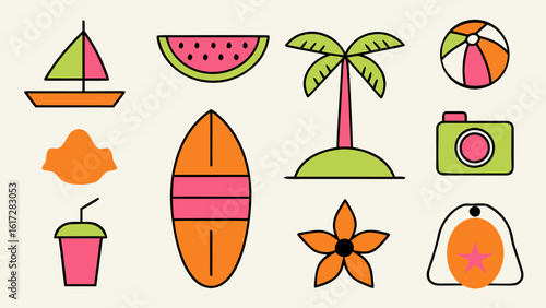 A collection of tropical summer vacation beach and holiday elements featuring sun palm trees waves and seaside activities for a vibrant getaway