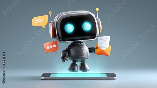 Cute Chatbot Assistant with Envelope and Message Icons on Smartphone.